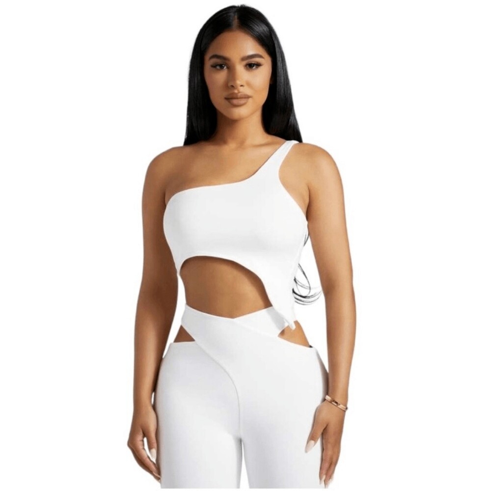 Naked Wardrobe Smooth Side Asymmetrical One Shoulder Crop Top S White NWT B72